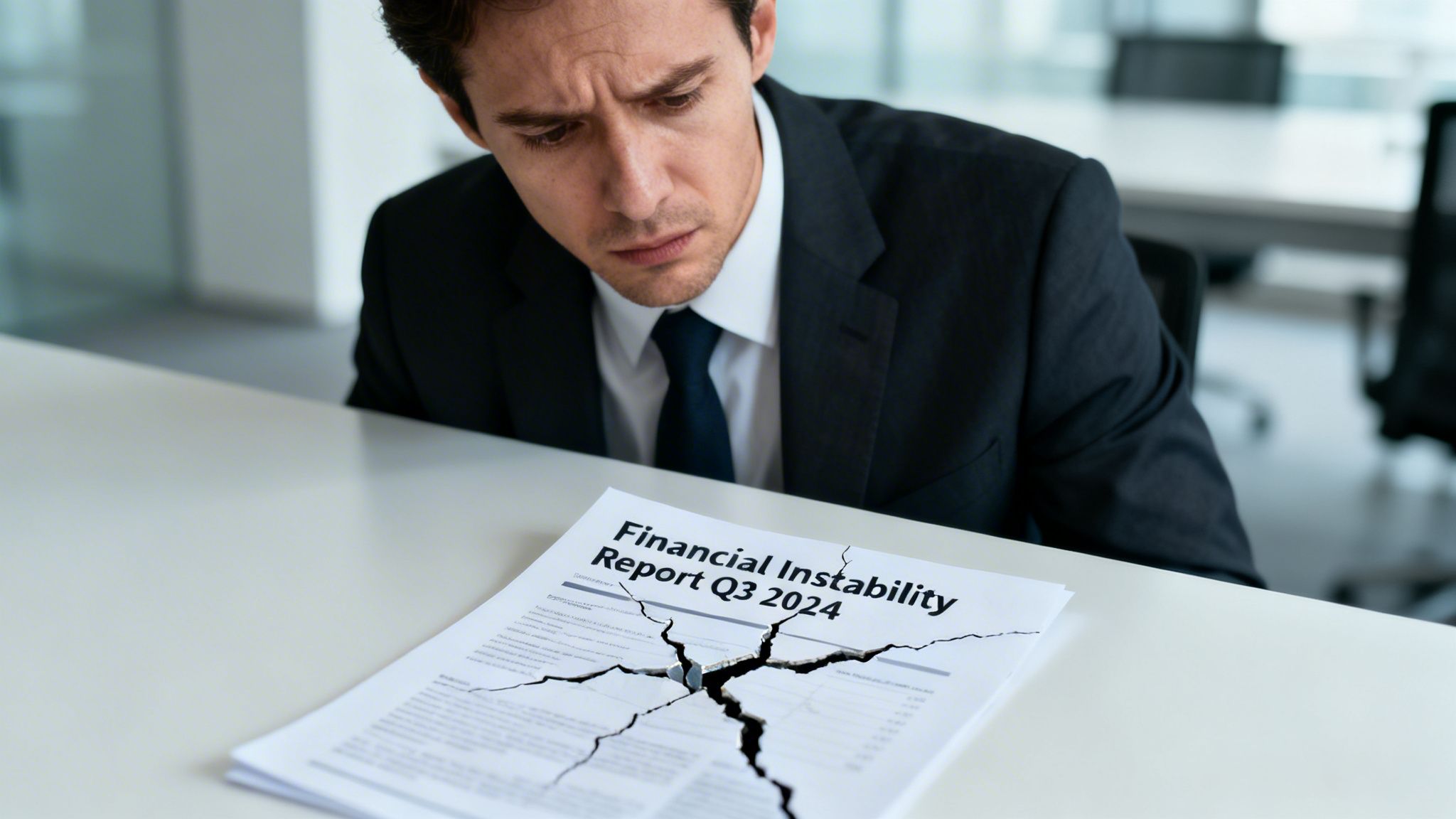 A concerned businessman looking down at a financial report with a large crack running through the paper.