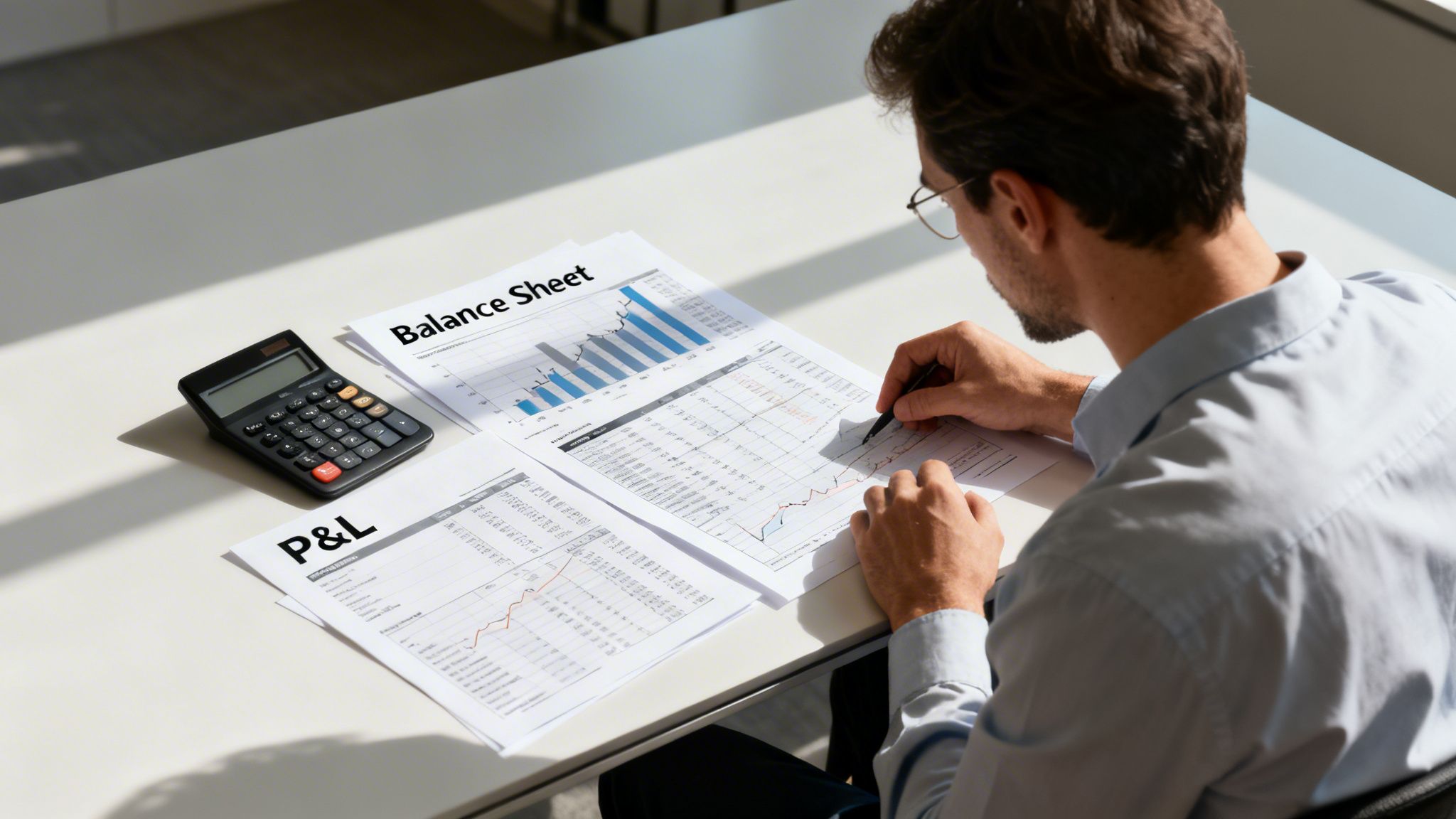 A professional man reviewing balance sheet and profit and loss financial documents at a desk.