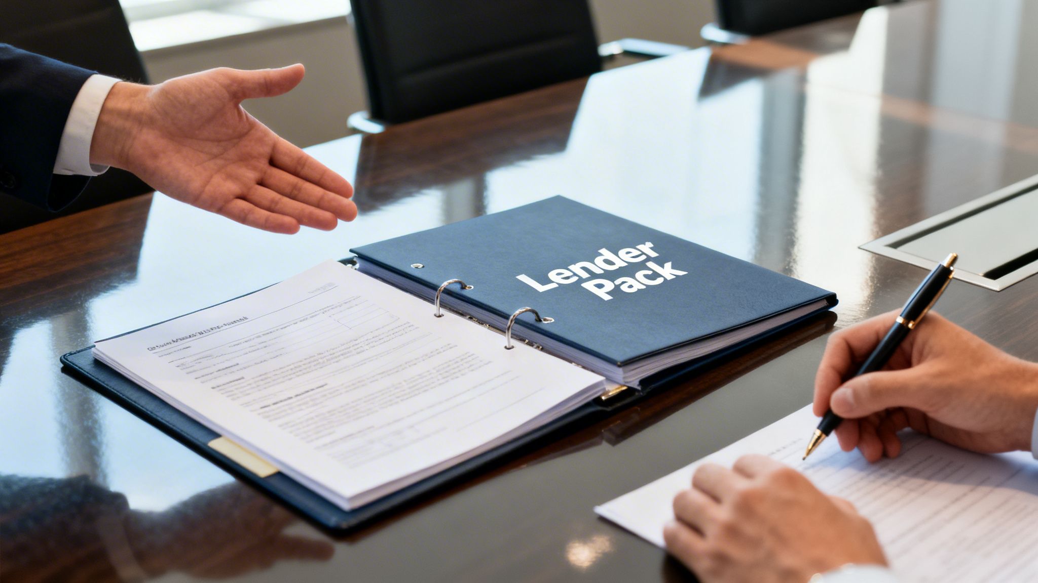 A professional presenting a Lender Pack document to a client for signing in a meeting room.