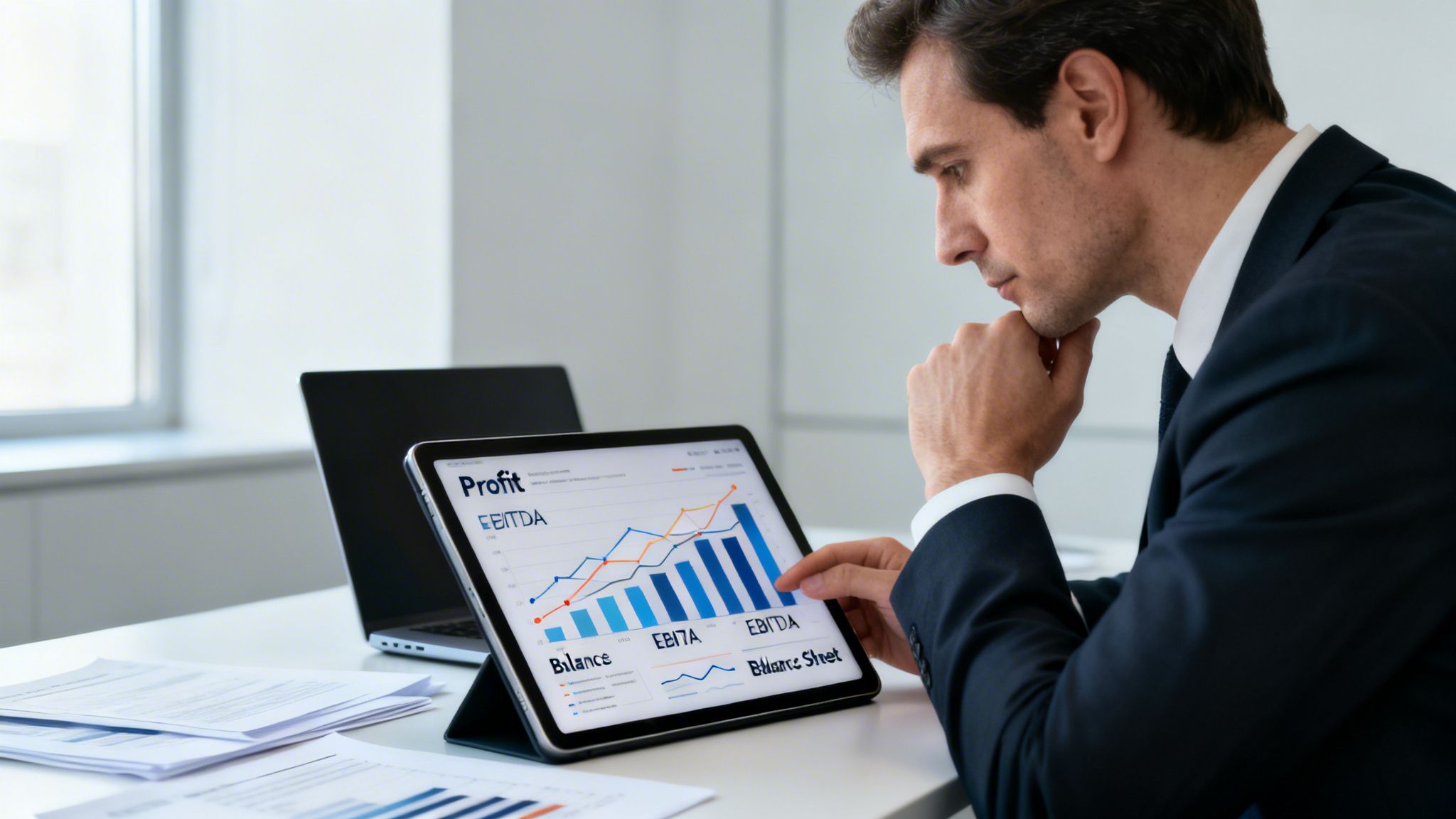 A professional man in a suit examining financial performance graphs and charts on a tablet screen