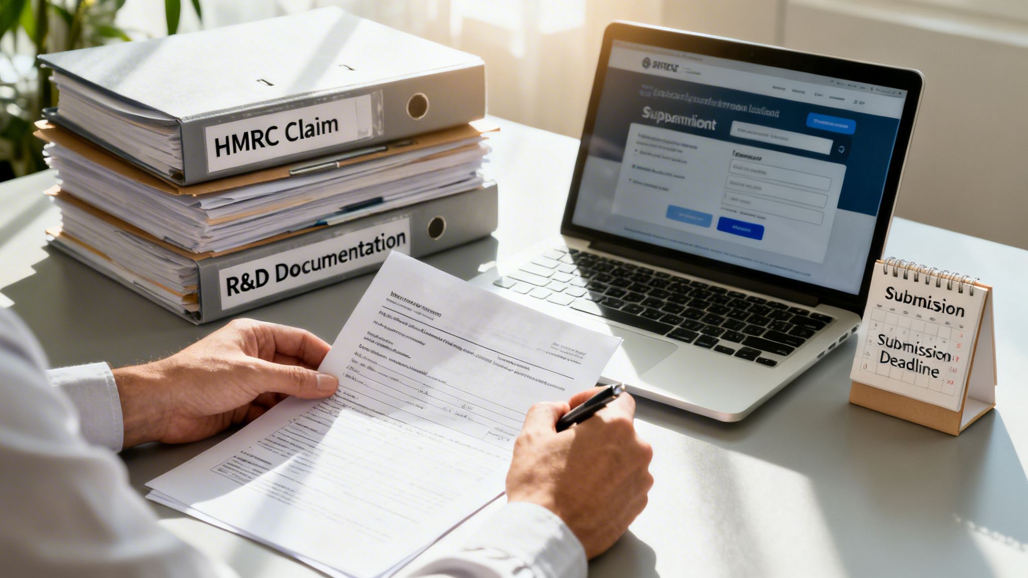 A professional working on R&D tax credit documentation with binders, a laptop, and a submission deadline calendar.