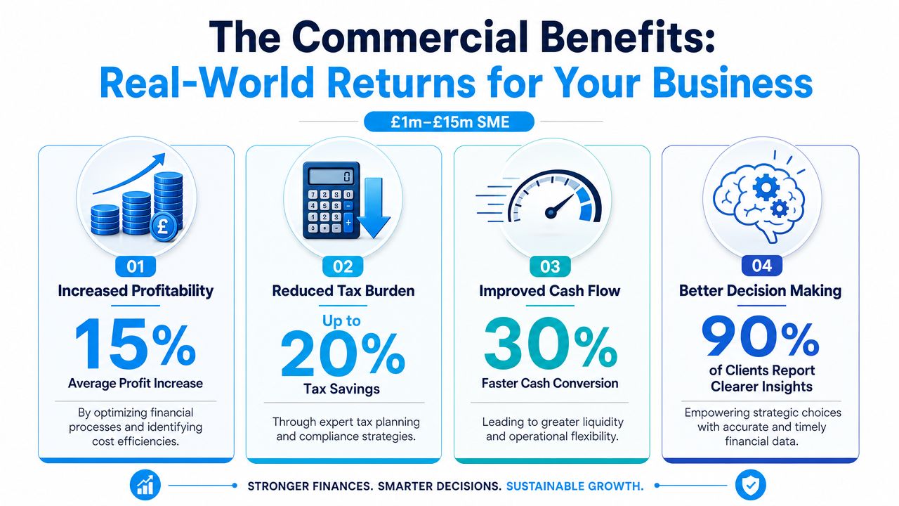 An infographic detailing commercial business benefits for SMEs including profitability, tax savings, cash flow, and decision-making.