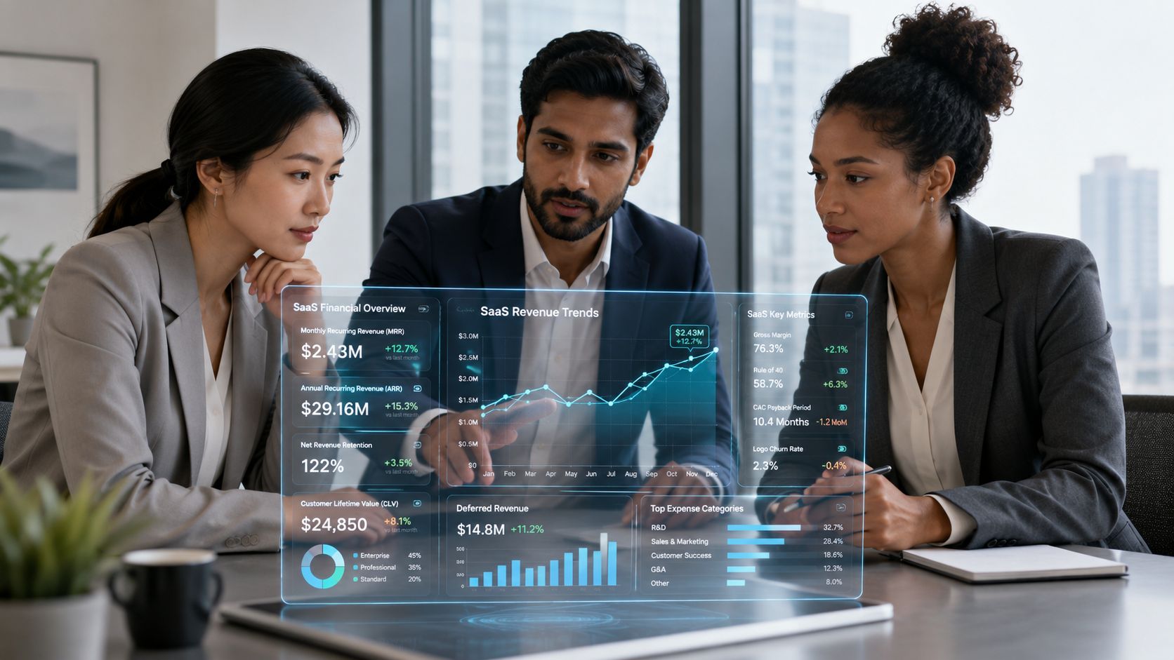 A professional team reviews financial SaaS data analytics on a holographic digital display in a modern office.