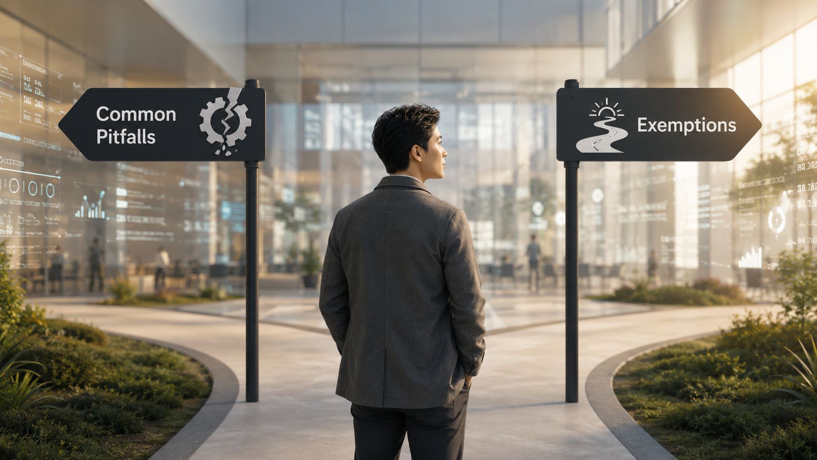 A professional man stands at a fork in the road facing signs for common pitfalls and exemptions.