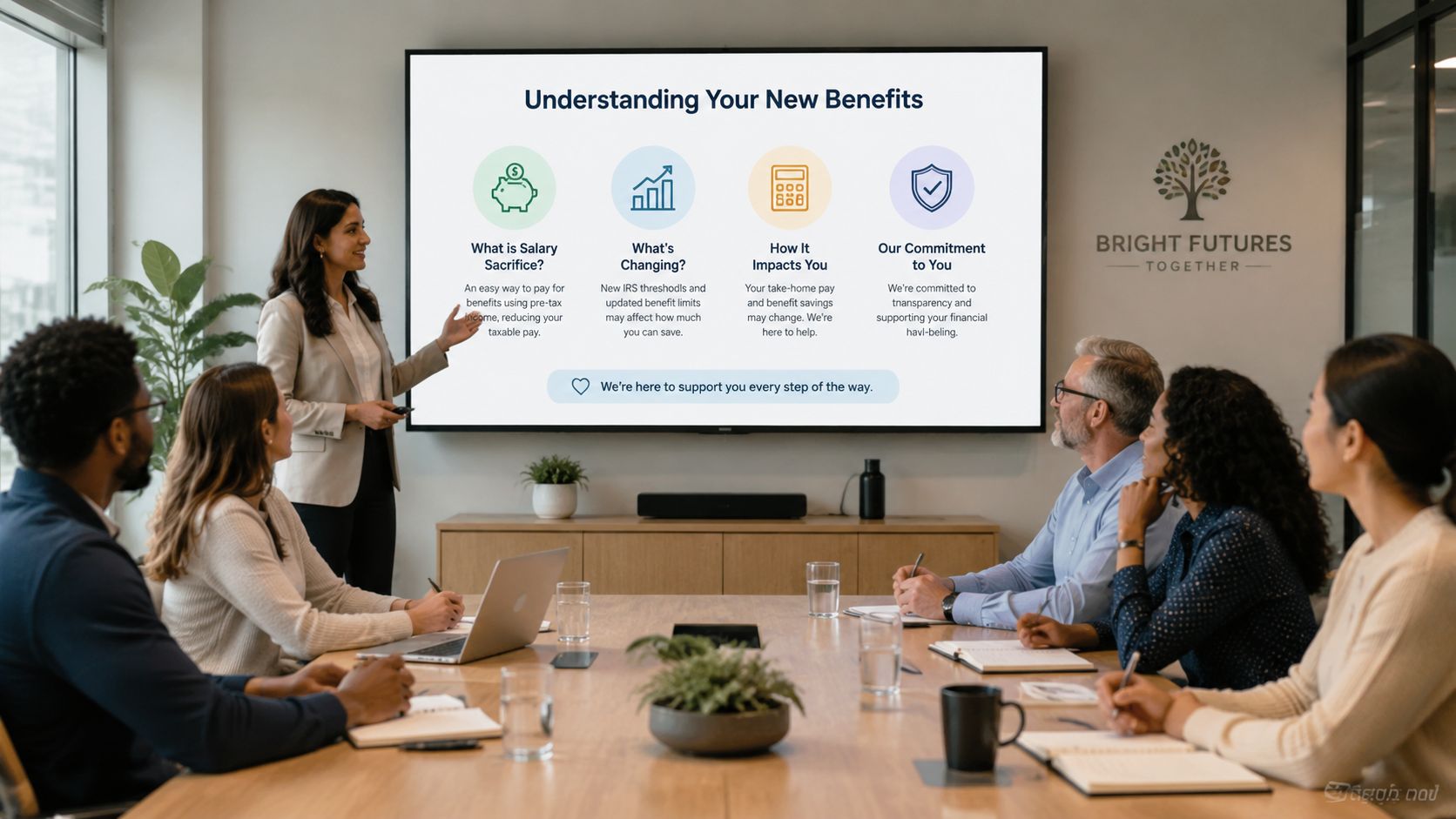A professional presenter explains new benefits and salary sacrifice changes to a team during a corporate meeting.