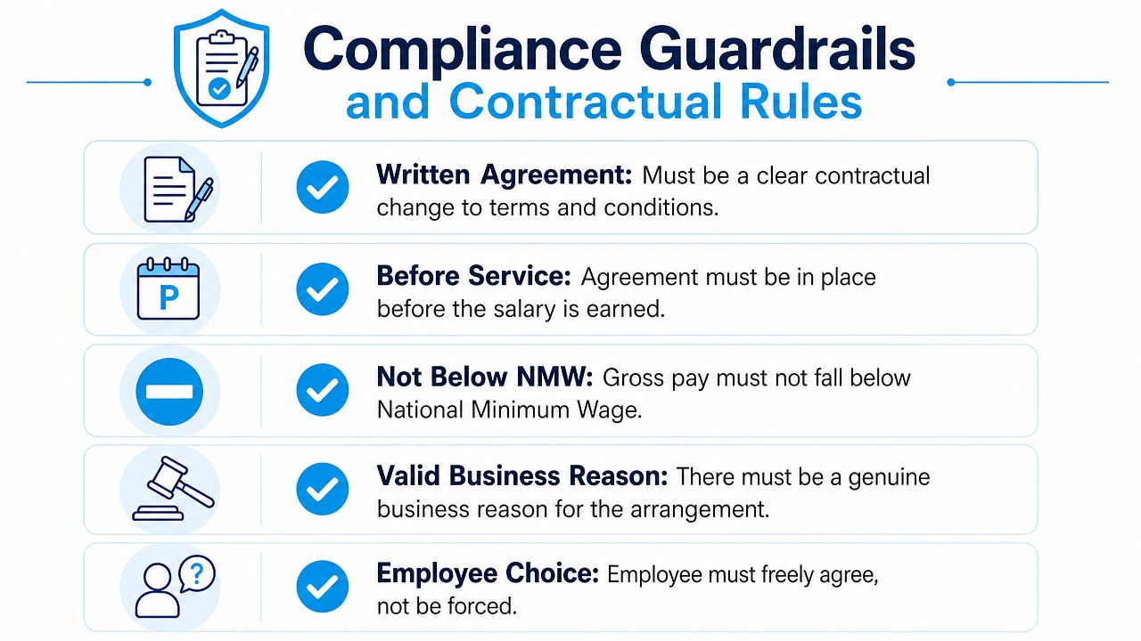 A checklist infographic titled Compliance Guardrails and Contractual Rules regarding payroll salary sacrifice regulations.