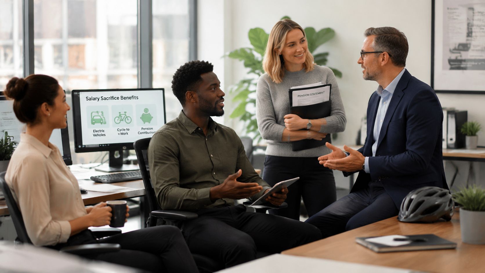 A professional team discussing salary sacrifice benefits in a modern office with computers and documents.