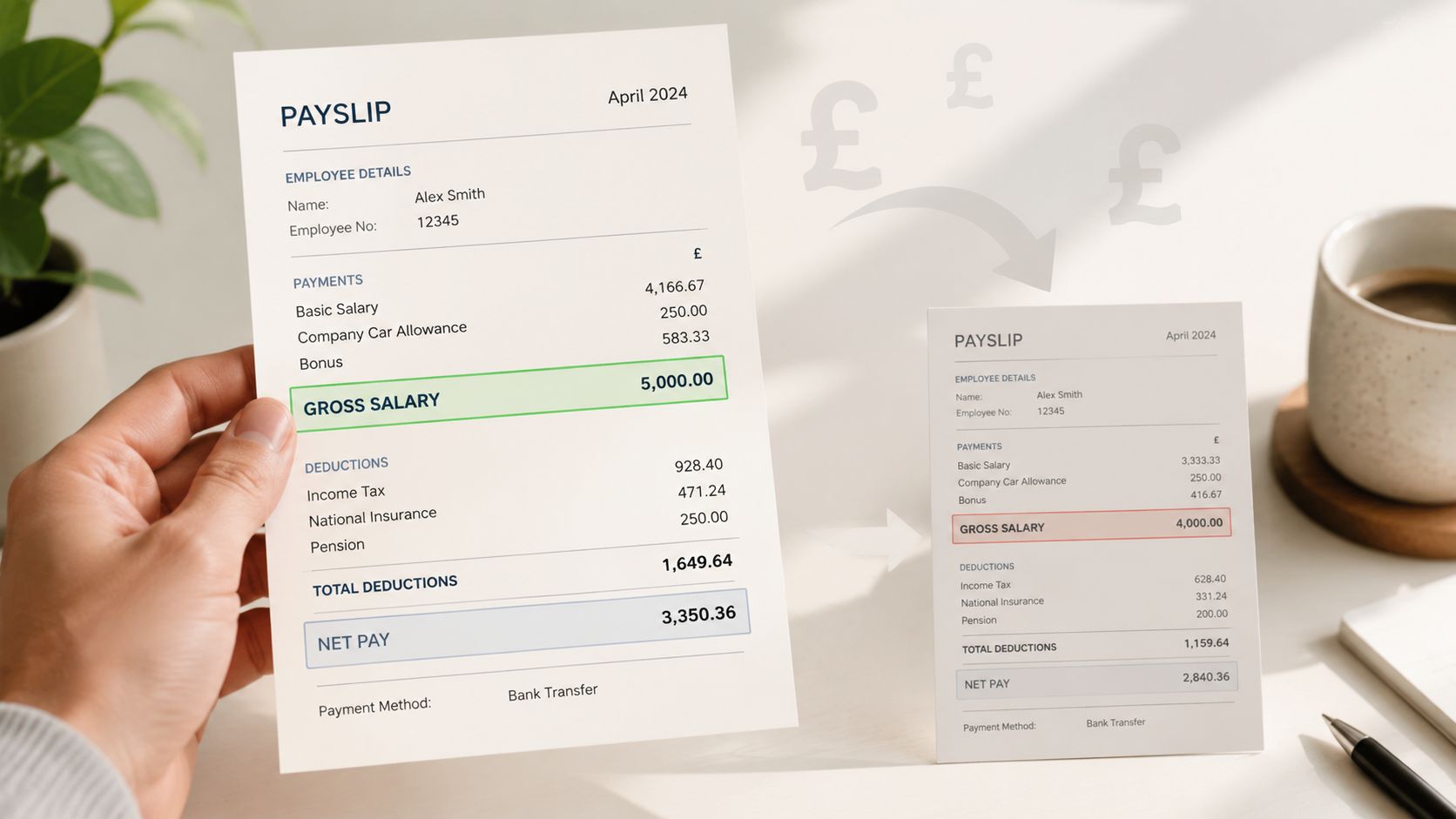 A hand holding a payslip showing gross and net salary breakdown with currency symbols nearby.