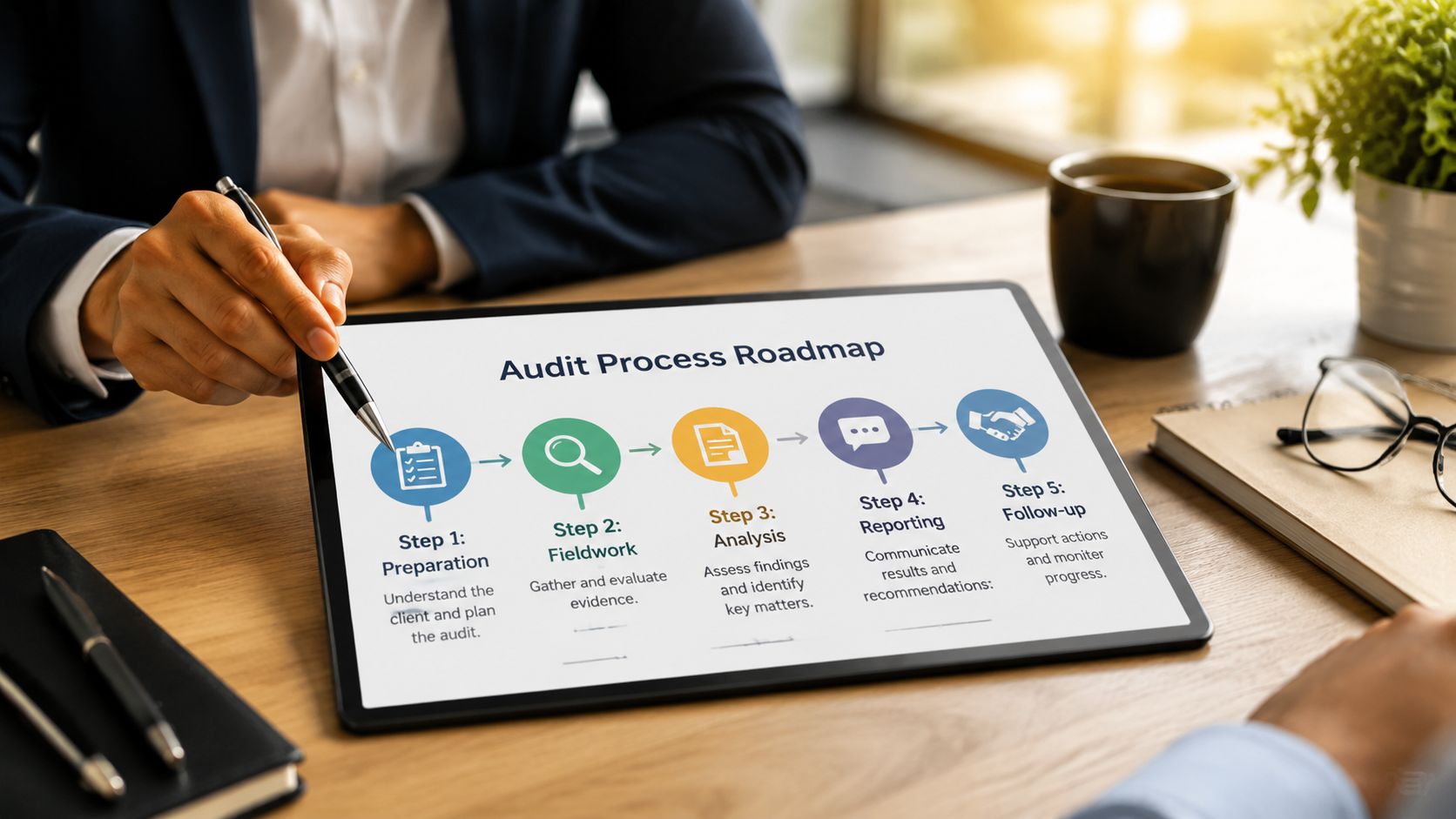 A professional business person presenting an audit process roadmap on a digital tablet at a desk.
