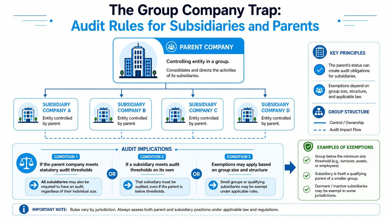 An infographic explaining audit rules for group companies, including parent-subsidiary relationships and audit exemptions.