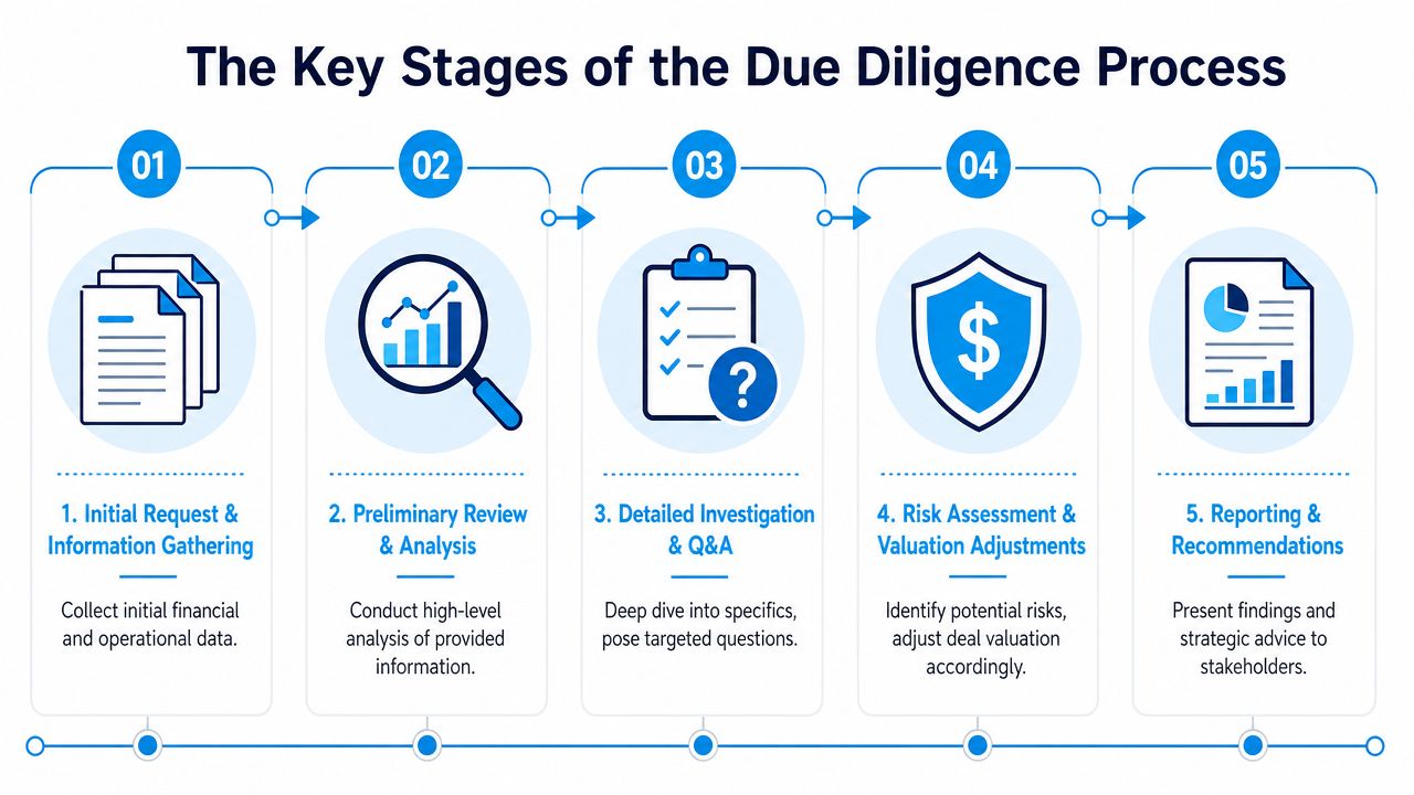 A five-step infographic showing the stages of the financial due diligence process for business transactions.