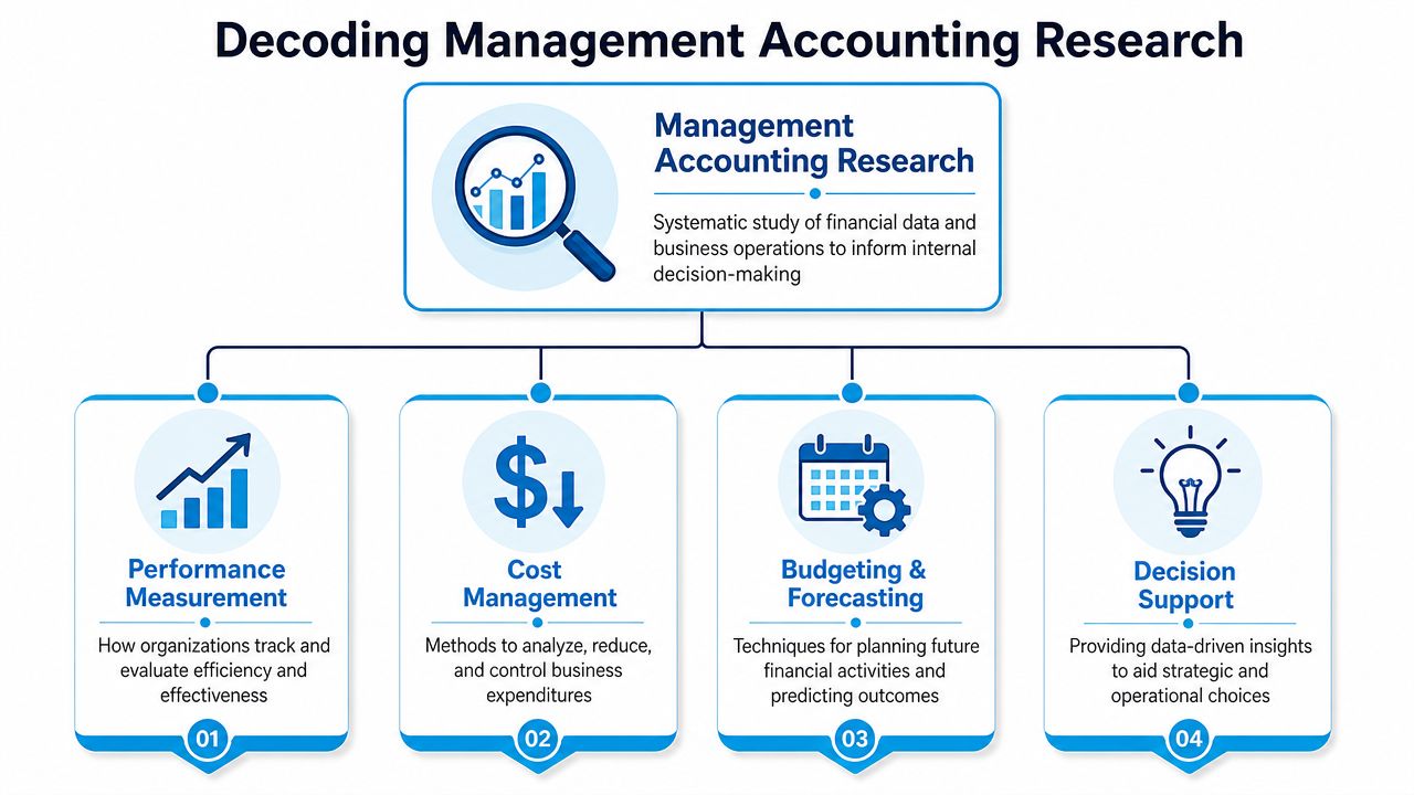 A diagram illustrating the four key pillars of management accounting research: performance measurement, cost management, budgeting, and forecasting.