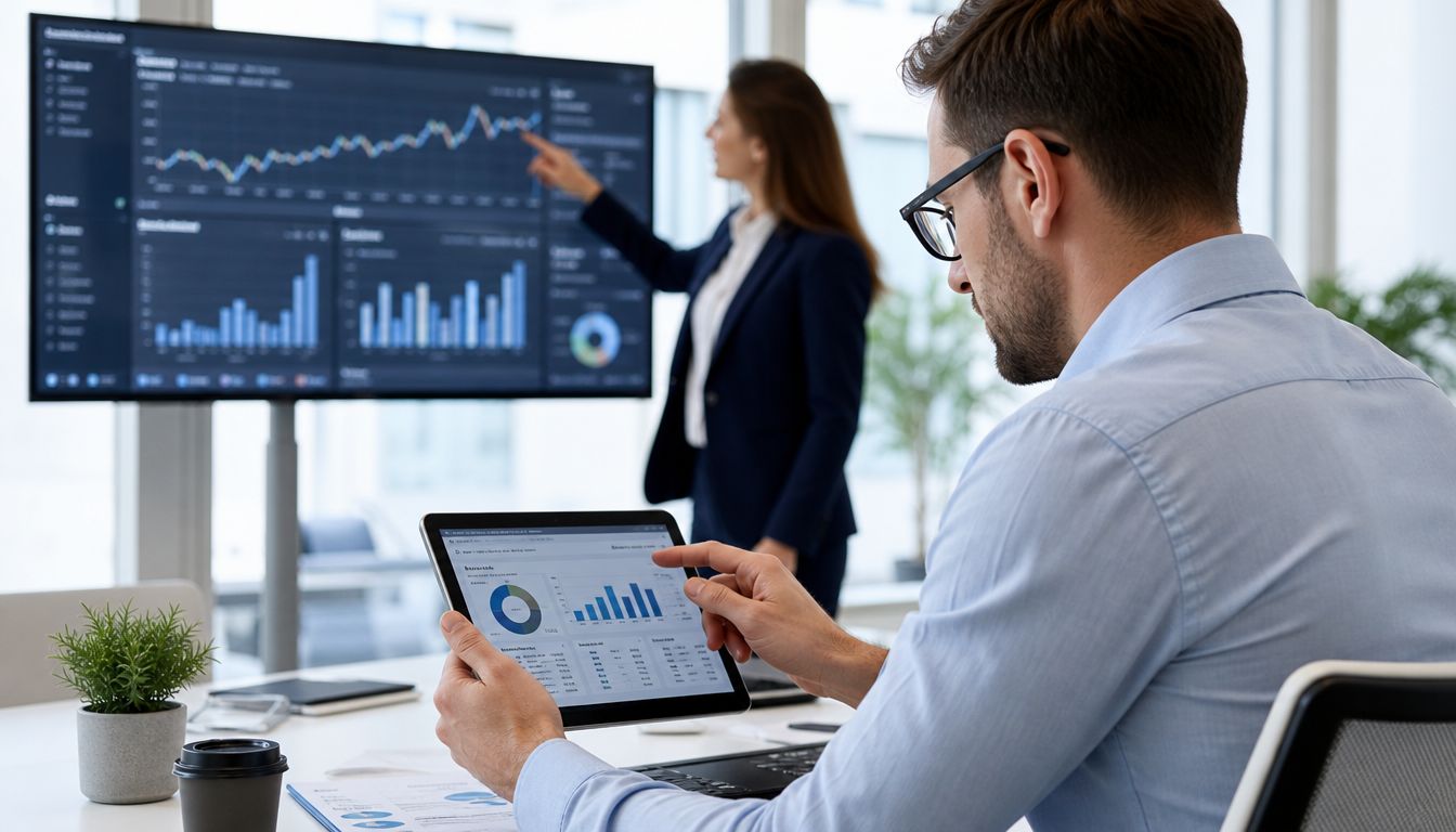 A professional man and woman analyzing financial data on a large screen and digital tablet in office.