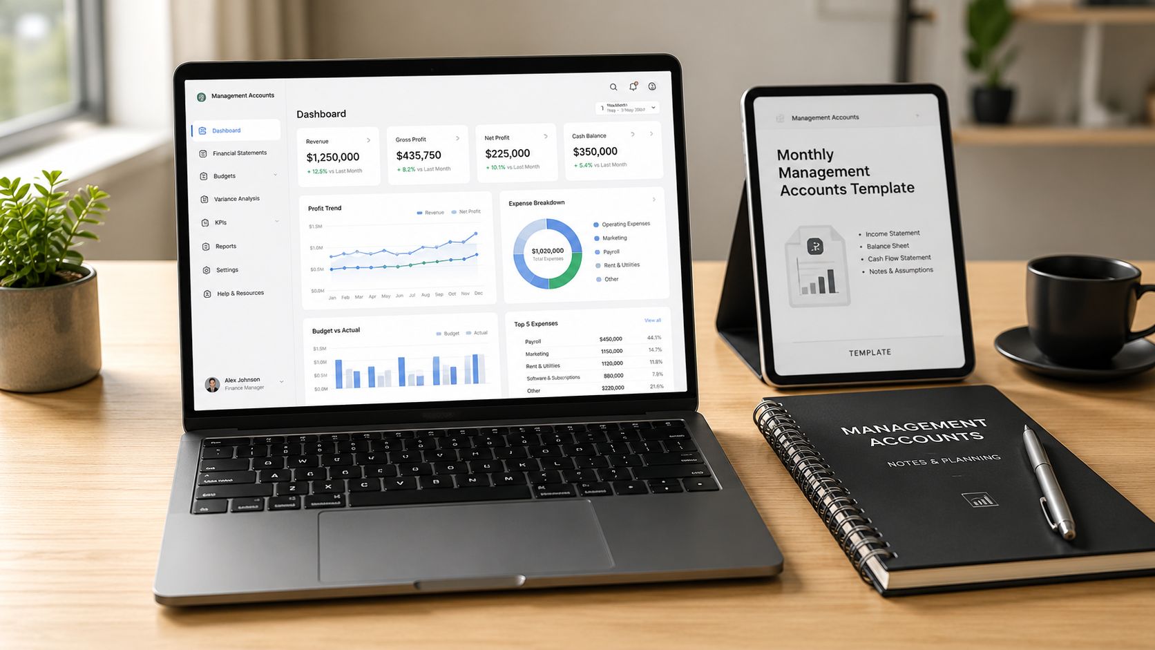 A modern desk workspace featuring a laptop displaying a financial management dashboard, tablet, and a notebook.