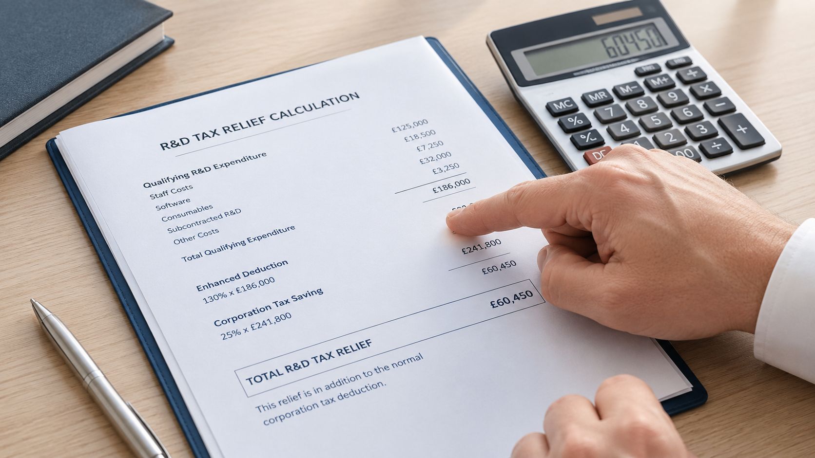 A professional analyzing a R&D tax relief document on a desk with a calculator and pen.