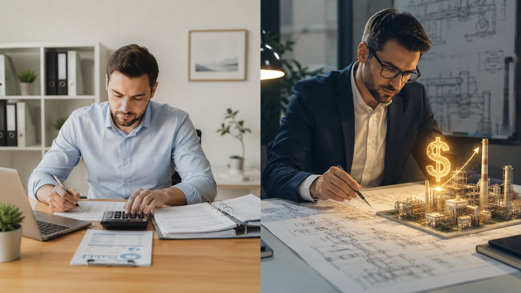 A split screen showing a professional calculating finances on the left and an engineer analyzing industrial blueprints.