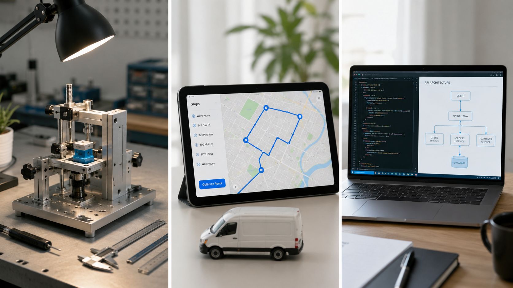 A composite image showing a manufacturing workshop, a delivery route planning tablet, and software architecture diagrams.