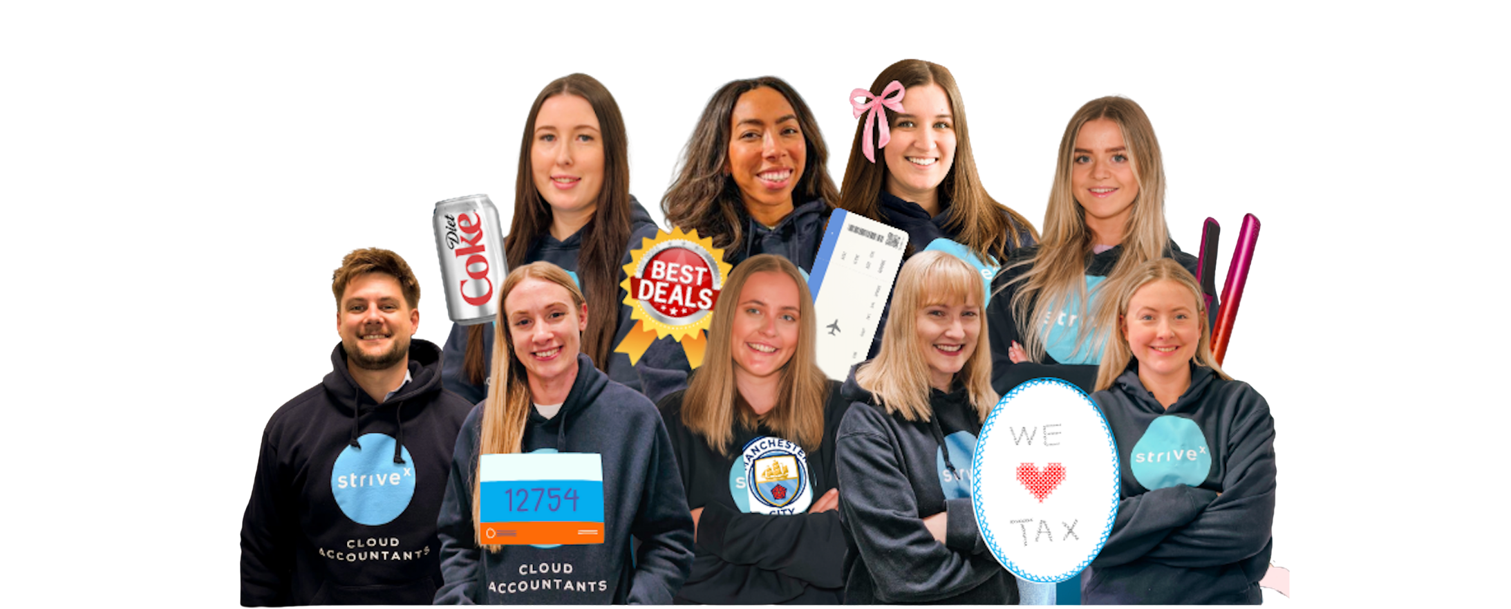 Playful collage of striveX team members with graphics representing their hobbies and interests