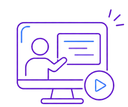 Icon of a person presenting on a screen, representing training and support