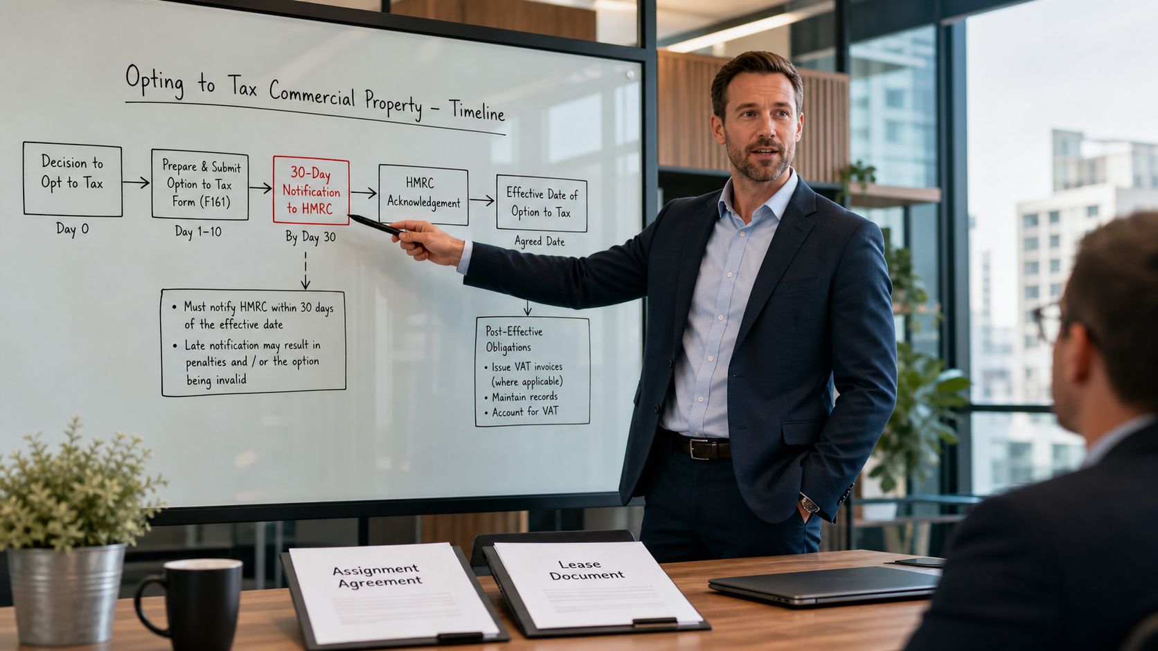 A professional man in a suit presenting an opt-to-tax commercial property timeline on a whiteboard.