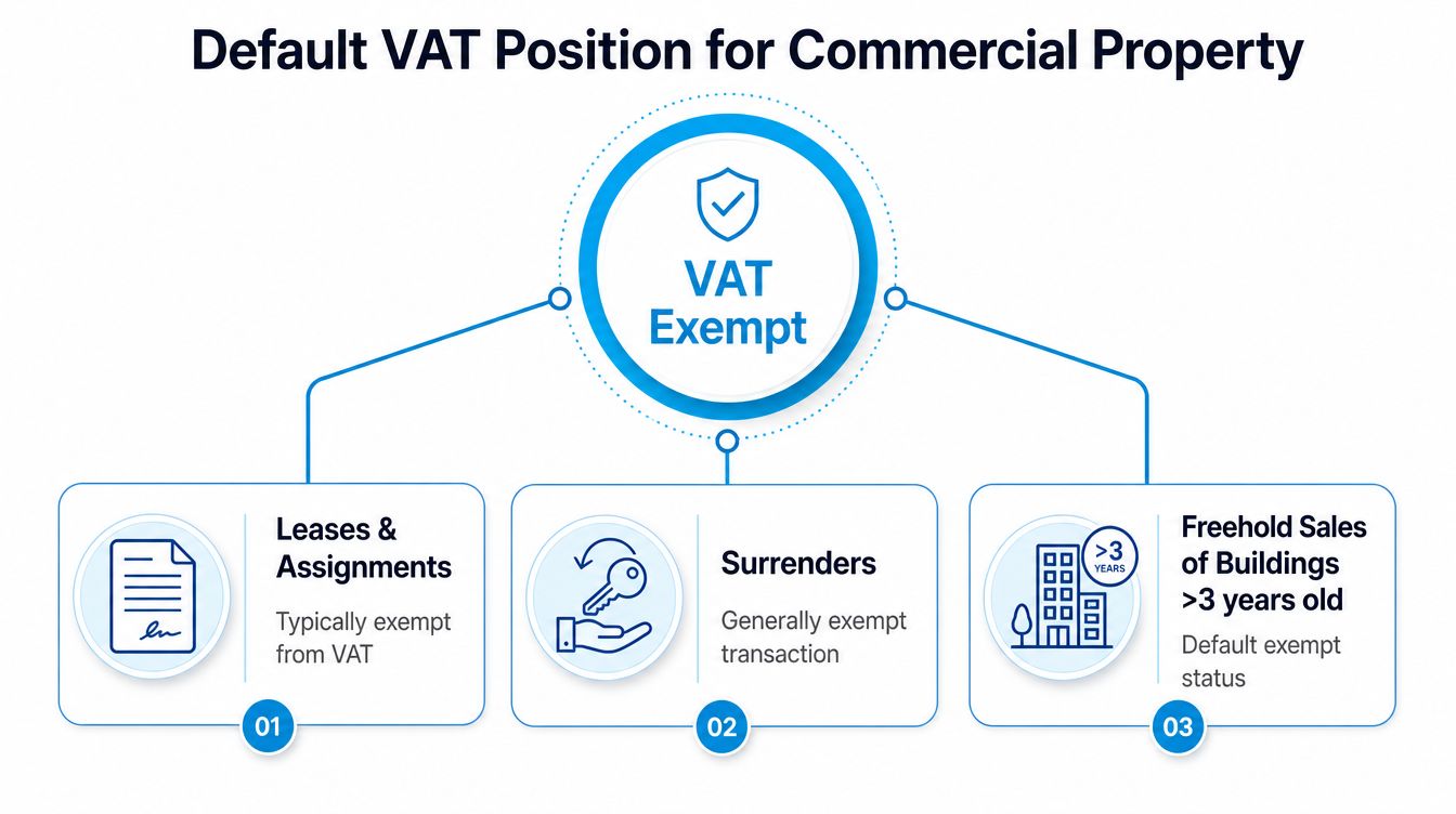 An infographic showing the default VAT exempt status for commercial property transactions including leases, surrenders, and older buildings.