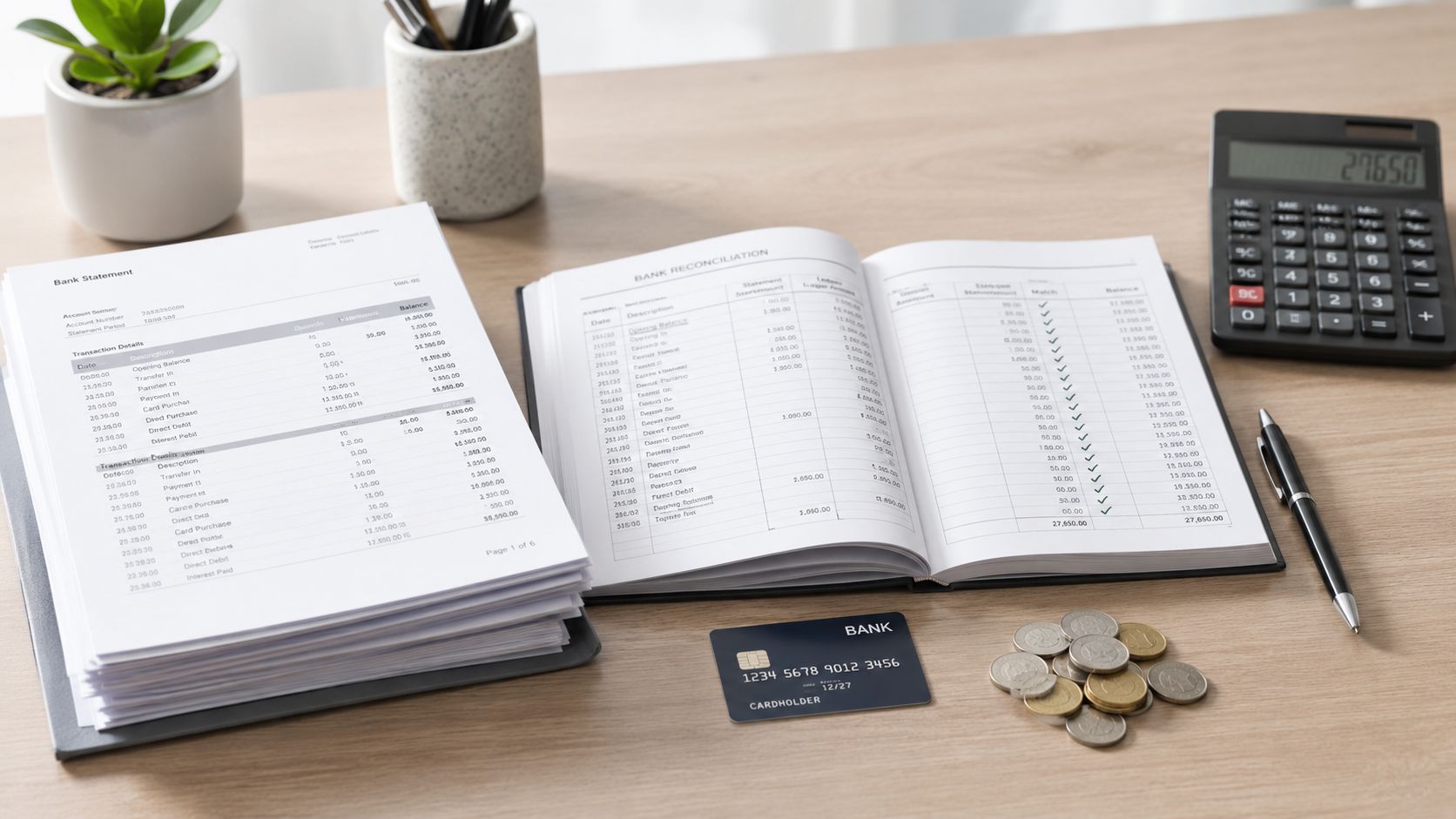 A workspace featuring financial bank statements, a reconciliation book, a calculator, a credit card, and scattered coins.