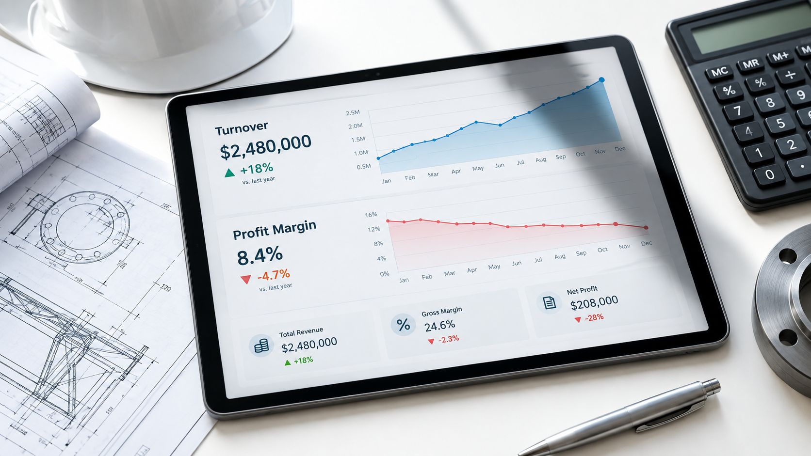 A digital tablet displaying financial performance charts on a desk next to architectural blueprints and a calculator.