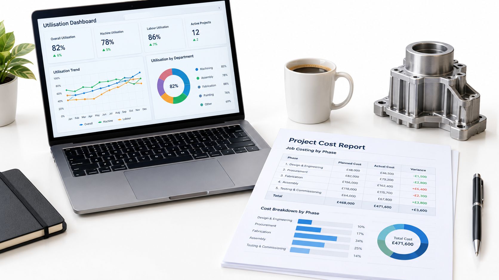 A professional workspace featuring a laptop showing utilization data, a cost report document, and a metal mechanical component.