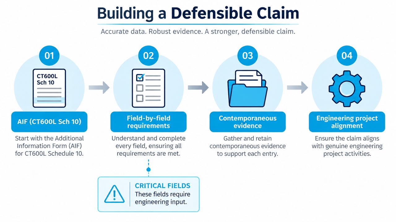 A four-step infographic illustrating the process for building a defensible R&D tax relief claim through accurate documentation.