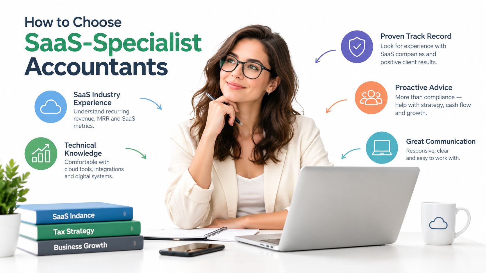 A professional woman working at a desk surrounded by tips for choosing the right SaaS accountants.