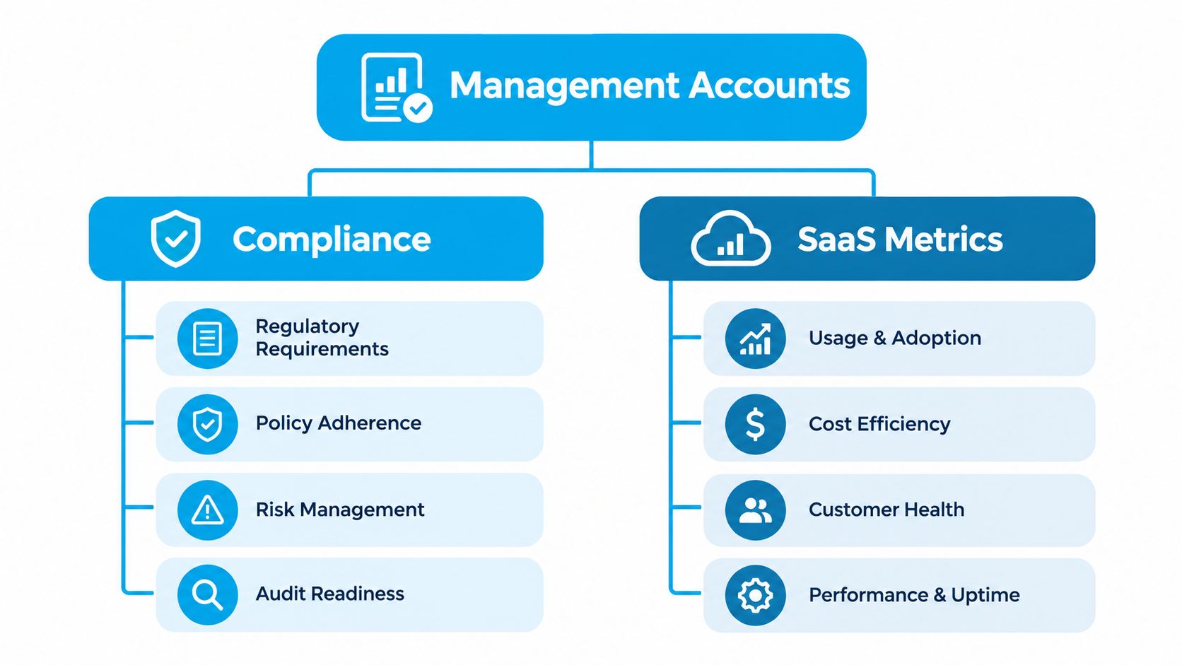 A diagram outlining the key responsibilities of Management Accounts, split into Compliance and SaaS Metrics categories.