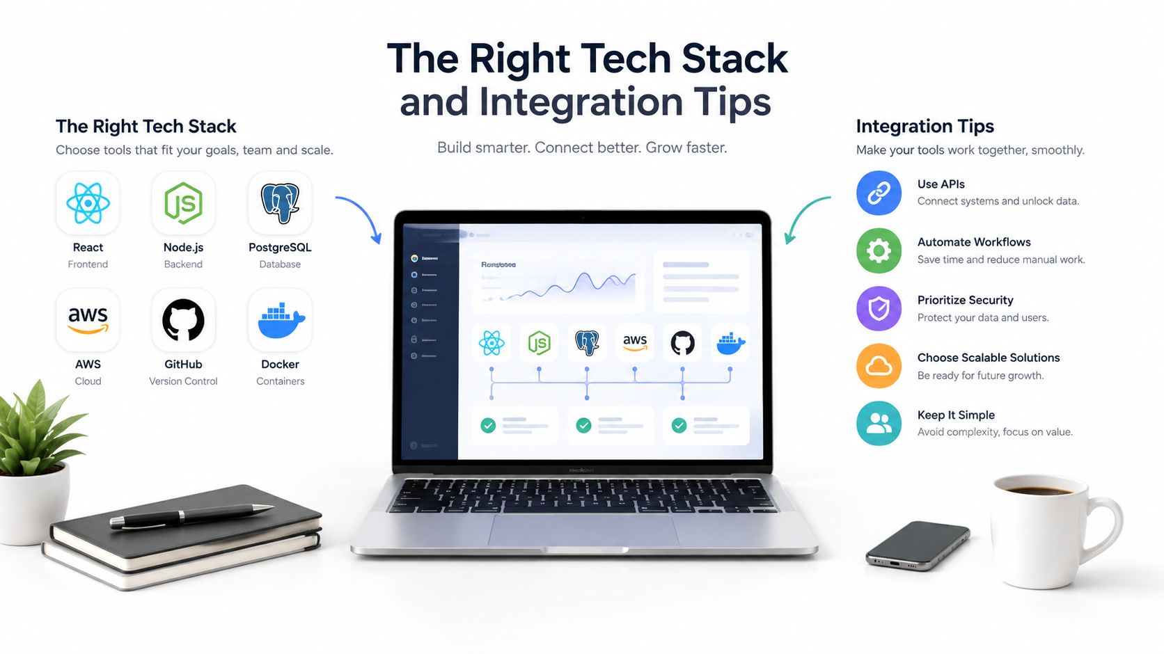 A modern workspace showing tech stack components and integration tips displayed on a laptop screen.