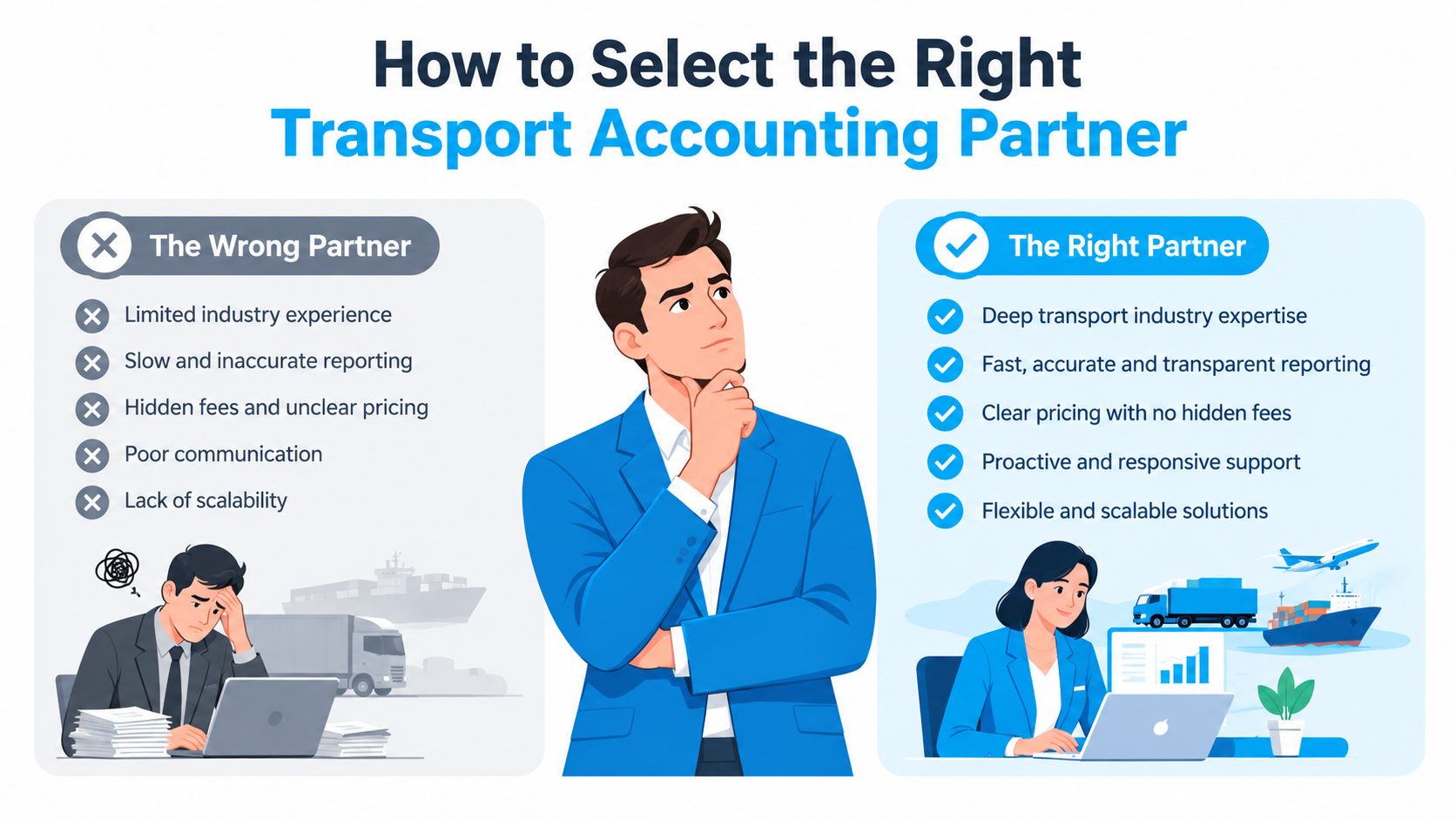 A comparison infographic showing how to select the right transport accounting partner versus the wrong partner.